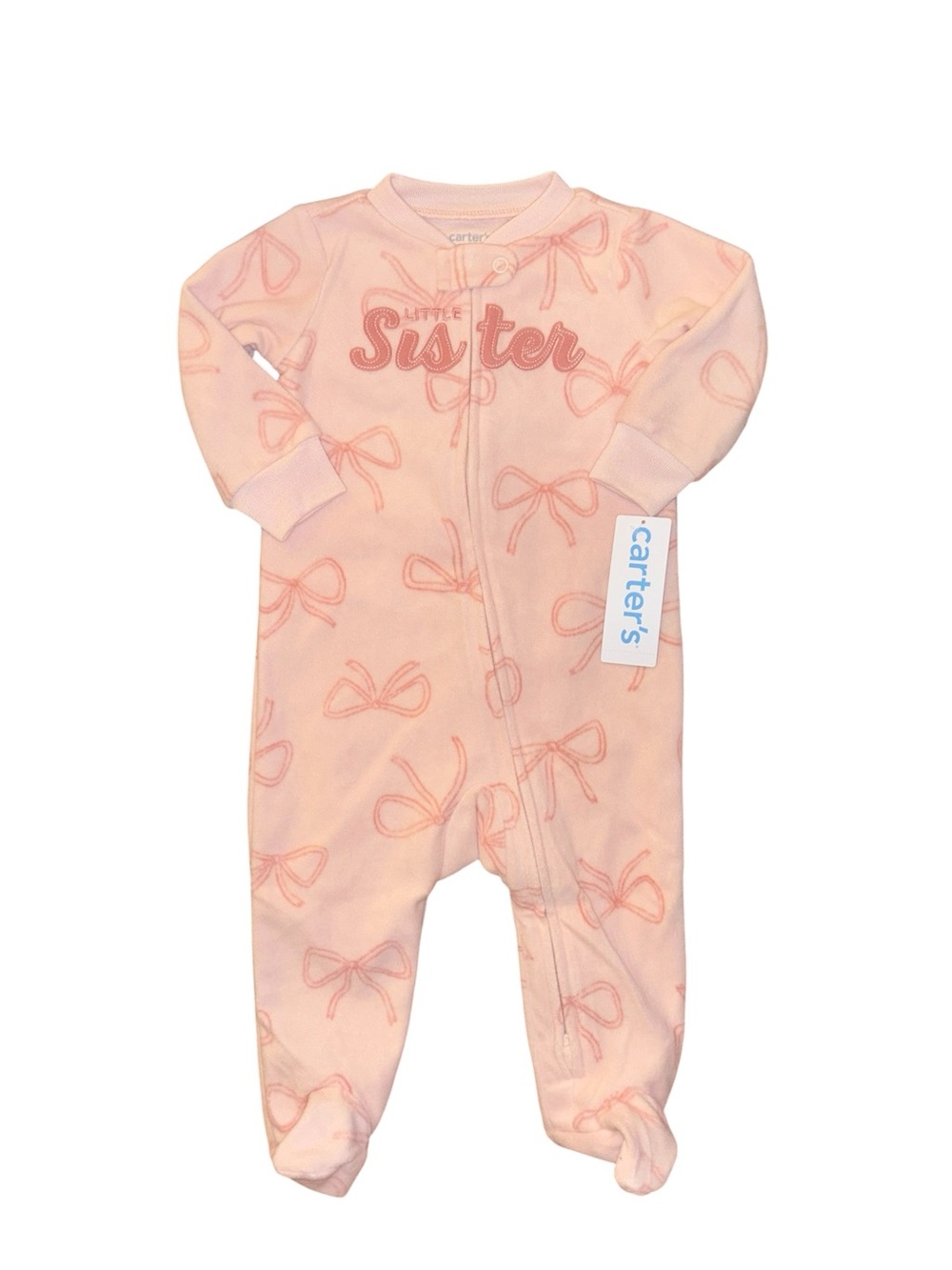 Carter's Peach Bow Footed Pajamas - 'Sister' Embroidered